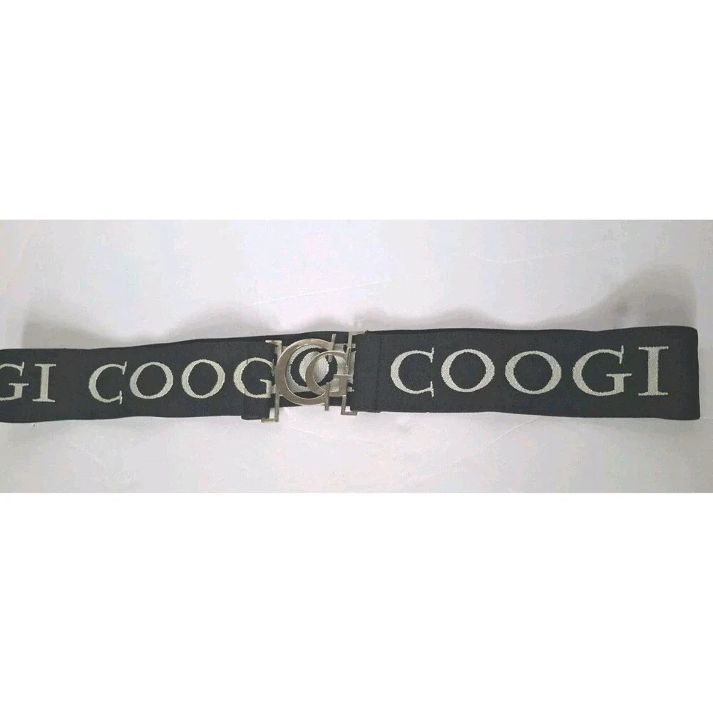 Vtg COOGI Elastic Belt Silver CG Logo Buckle Stretch Black Gray Y2K One Size
